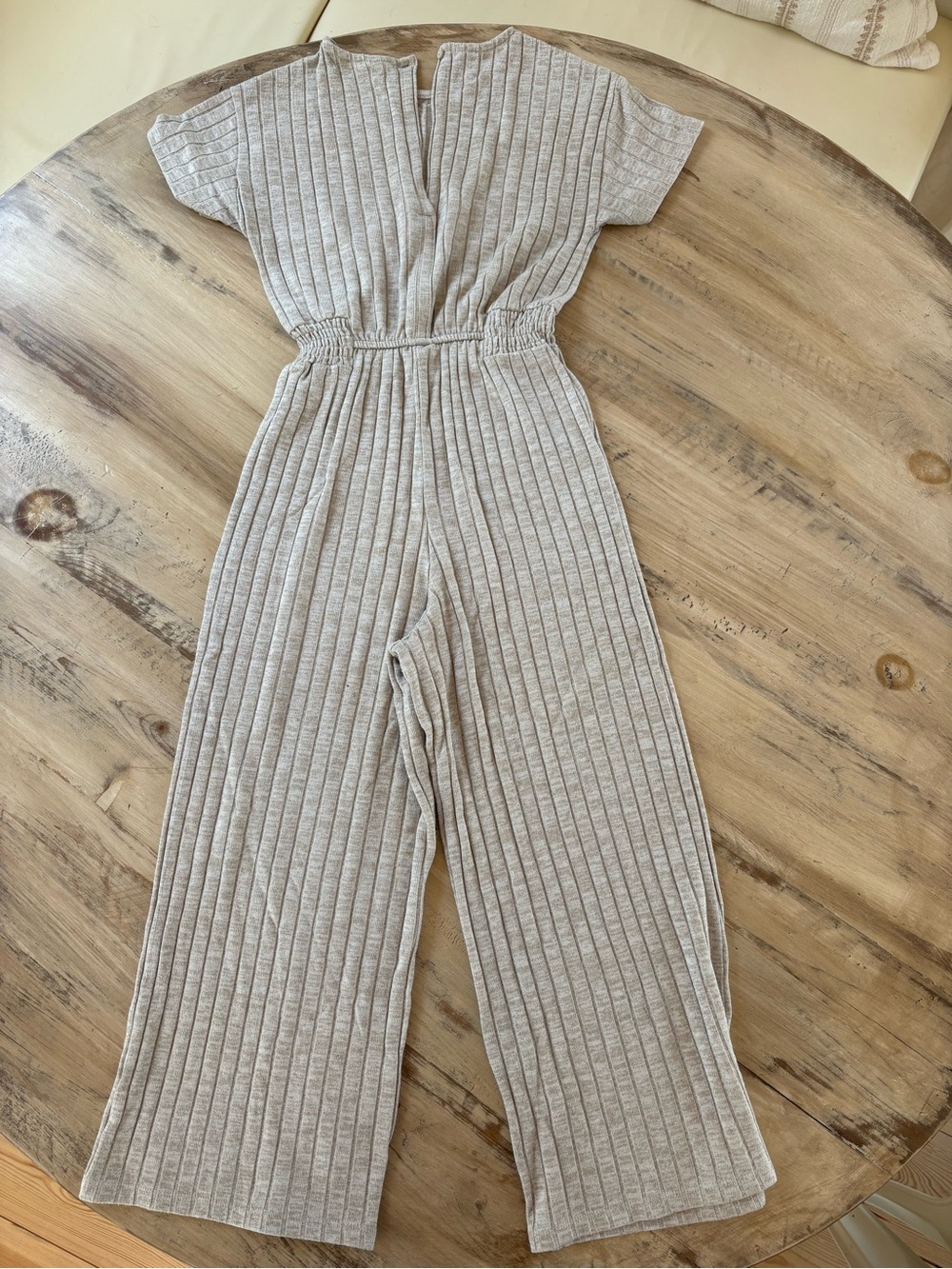 Zara Beige Ribbed Short-Sleeve Wide-Leg Jumpsuit